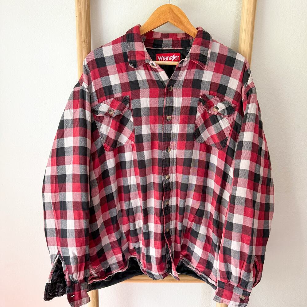 Wrangler Quilted Lined Flannel Shirt Jacket Red Plaid Workwear Men’s Size 2XL